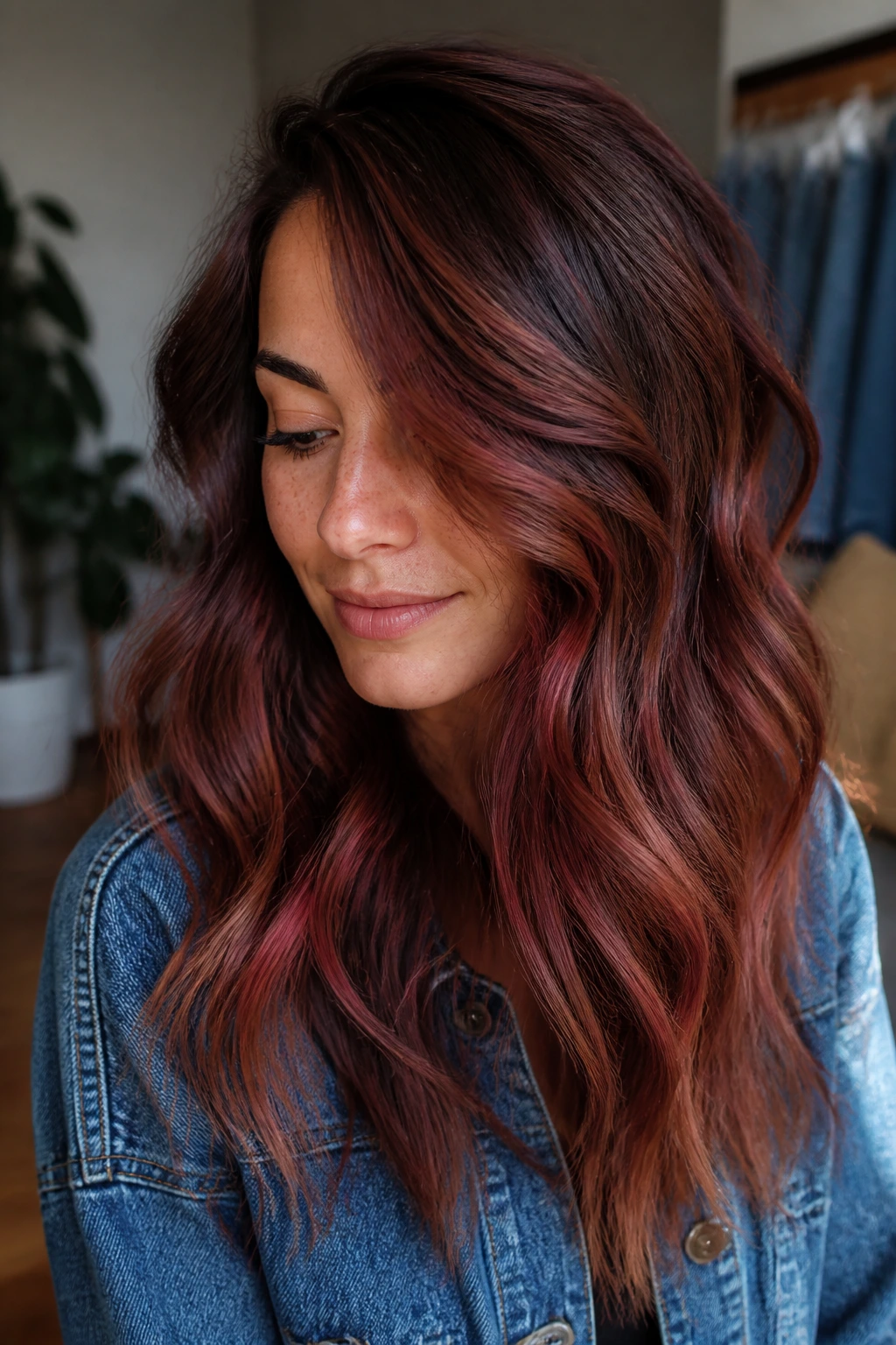 Close-up portrait of a real woman with rusted rose dimension in brunette hair