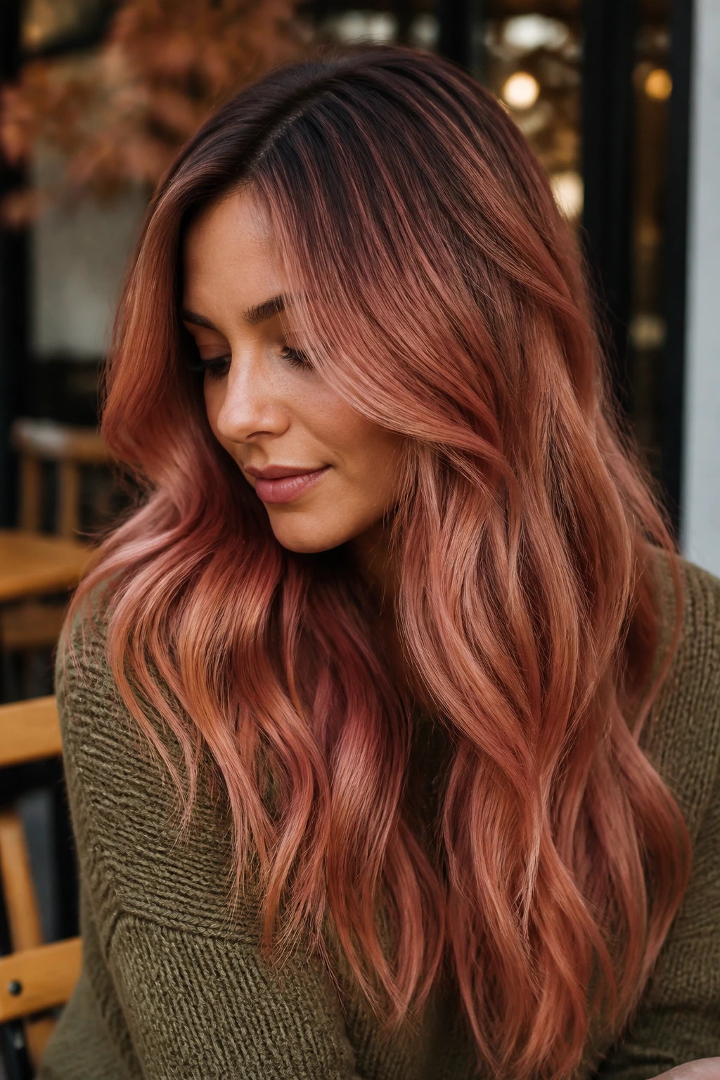 Close-up of a real woman with rusted rose gold hair