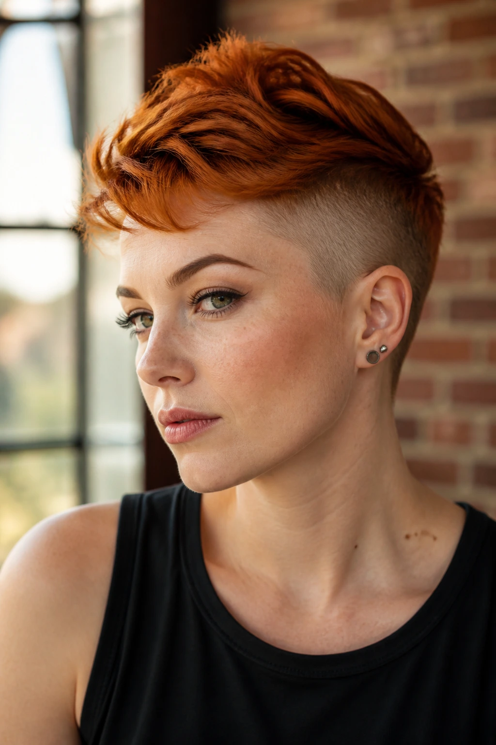 Real person with rusted undercut pixie in daylight loft