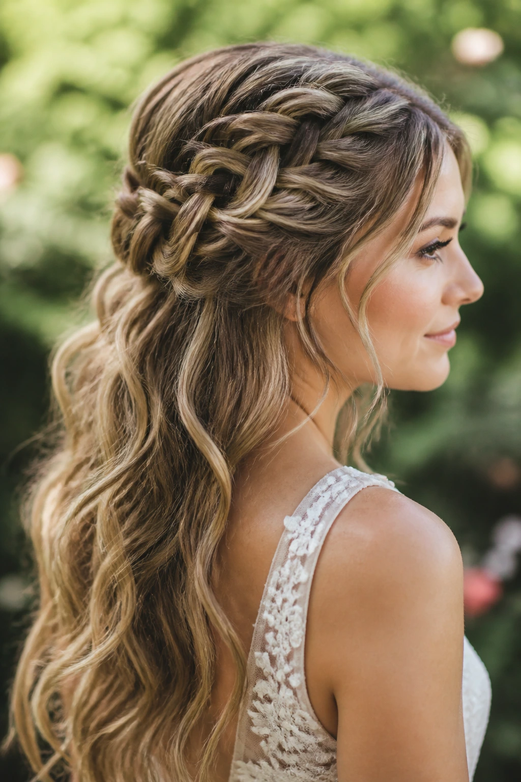 Bride with rustic braid-weave and loose lengths outdoors