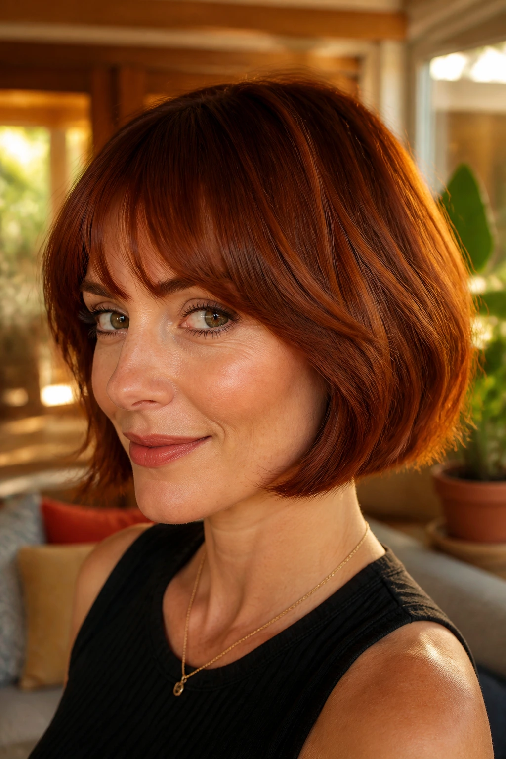 Close-up of a real woman with rusty auburn French bob and soft fringe