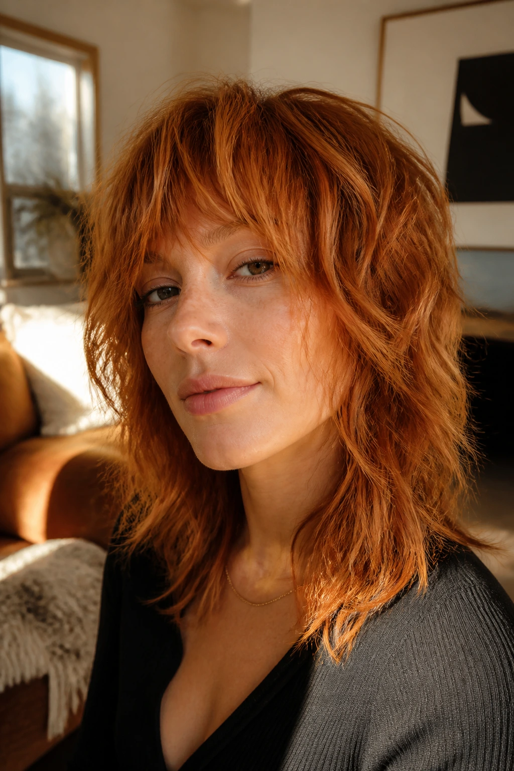 Close-up of a real woman with a rusty copper shag hairstyle in warm window light