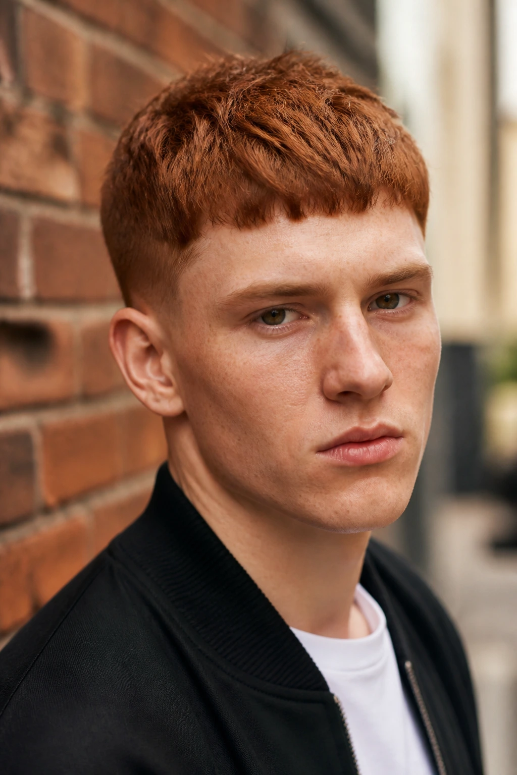 Close-up of a man with rusty French crop hairstyle outdoors