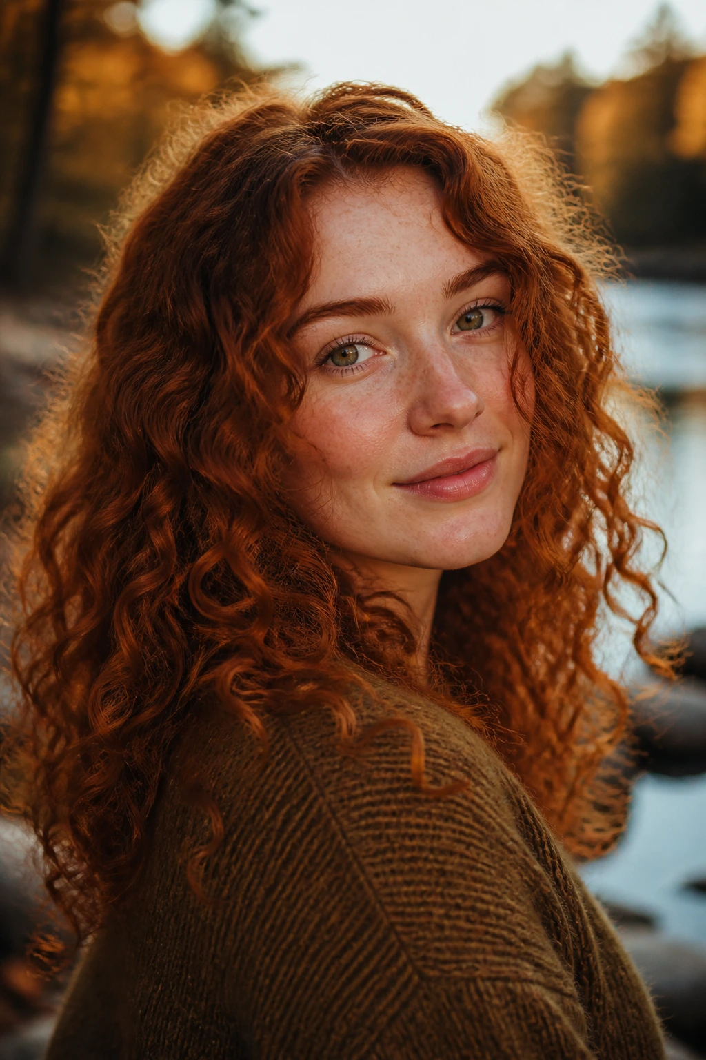 Close-up of a real woman with rusty ginger curls in golden hour light