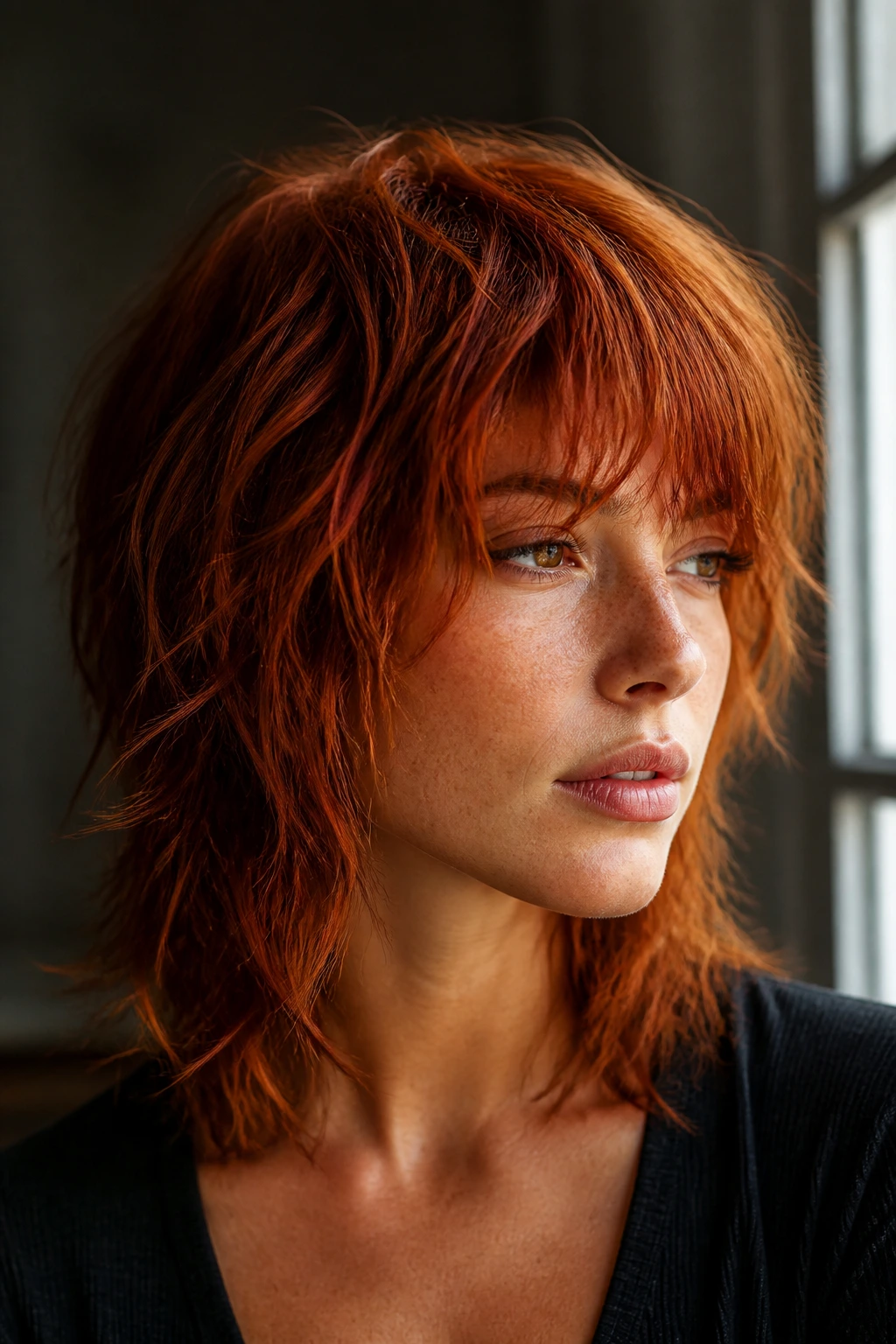 Close-up of rusty ginger wolf cut on a real person