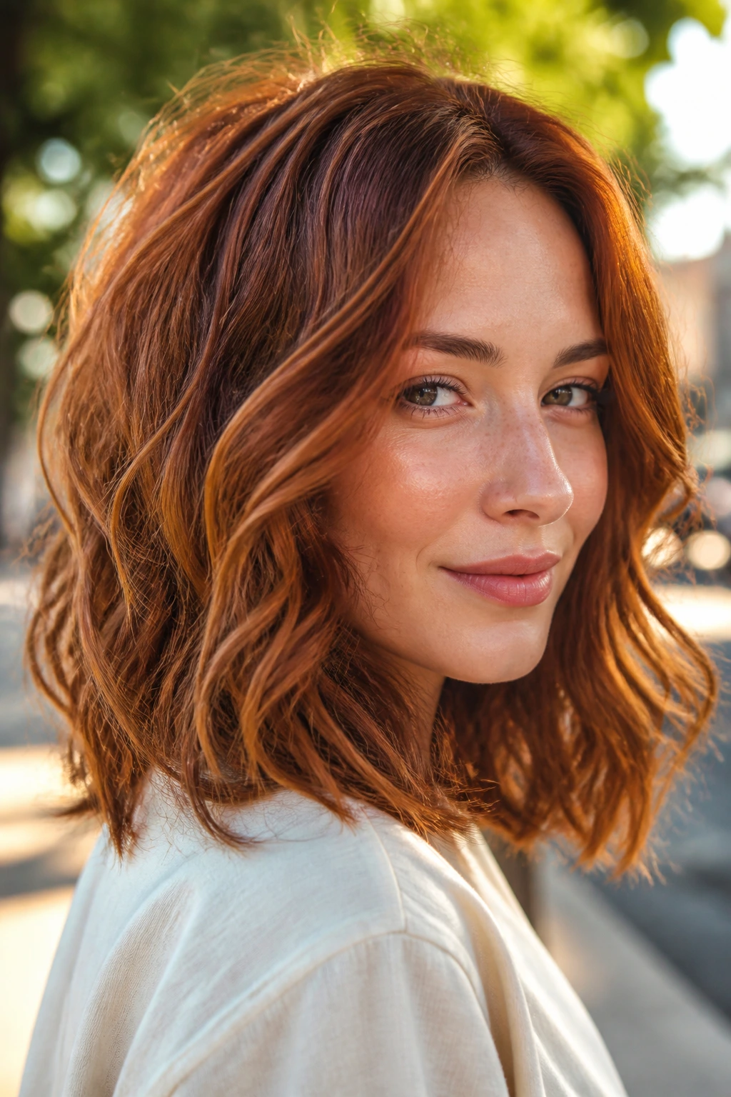 Portrait of a real woman with rusty red airy waves in golden-hour outdoor light
