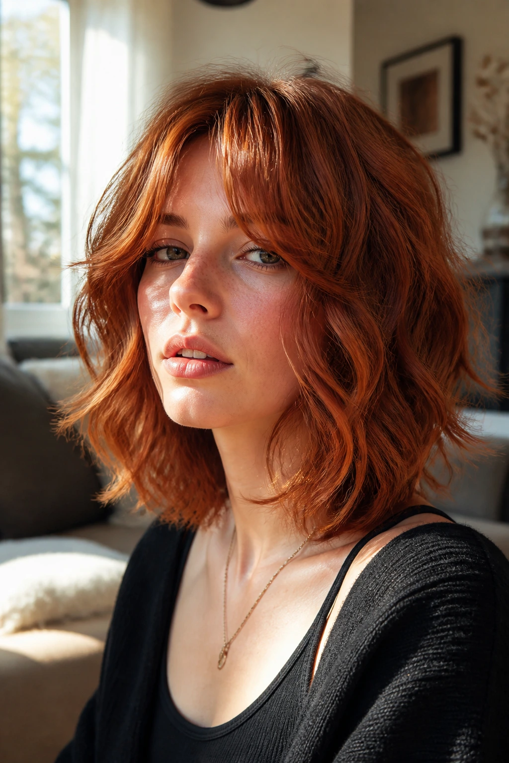 Close-up portrait of a real woman with rusty wavy shag and curtain bangs in warm window light