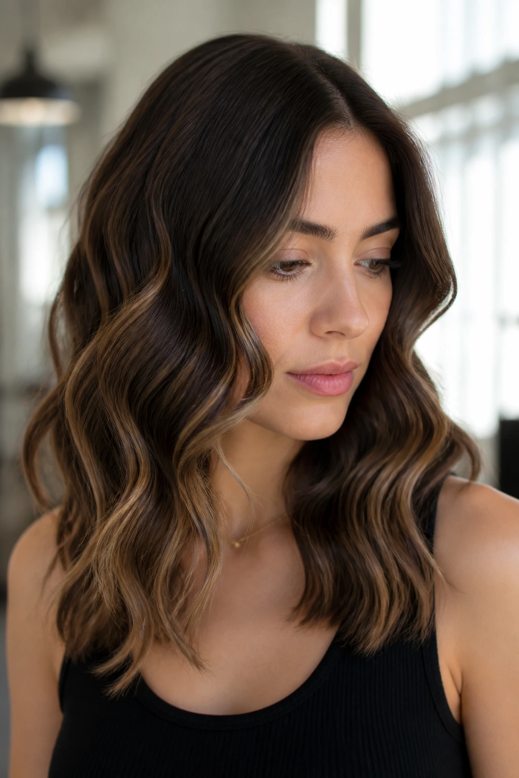 Close-up portrait of a real person with soft S-bend waves from root to tip