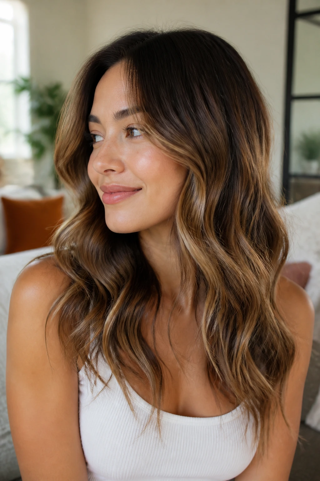Real woman with lived-in S-bend waves in bright home setting