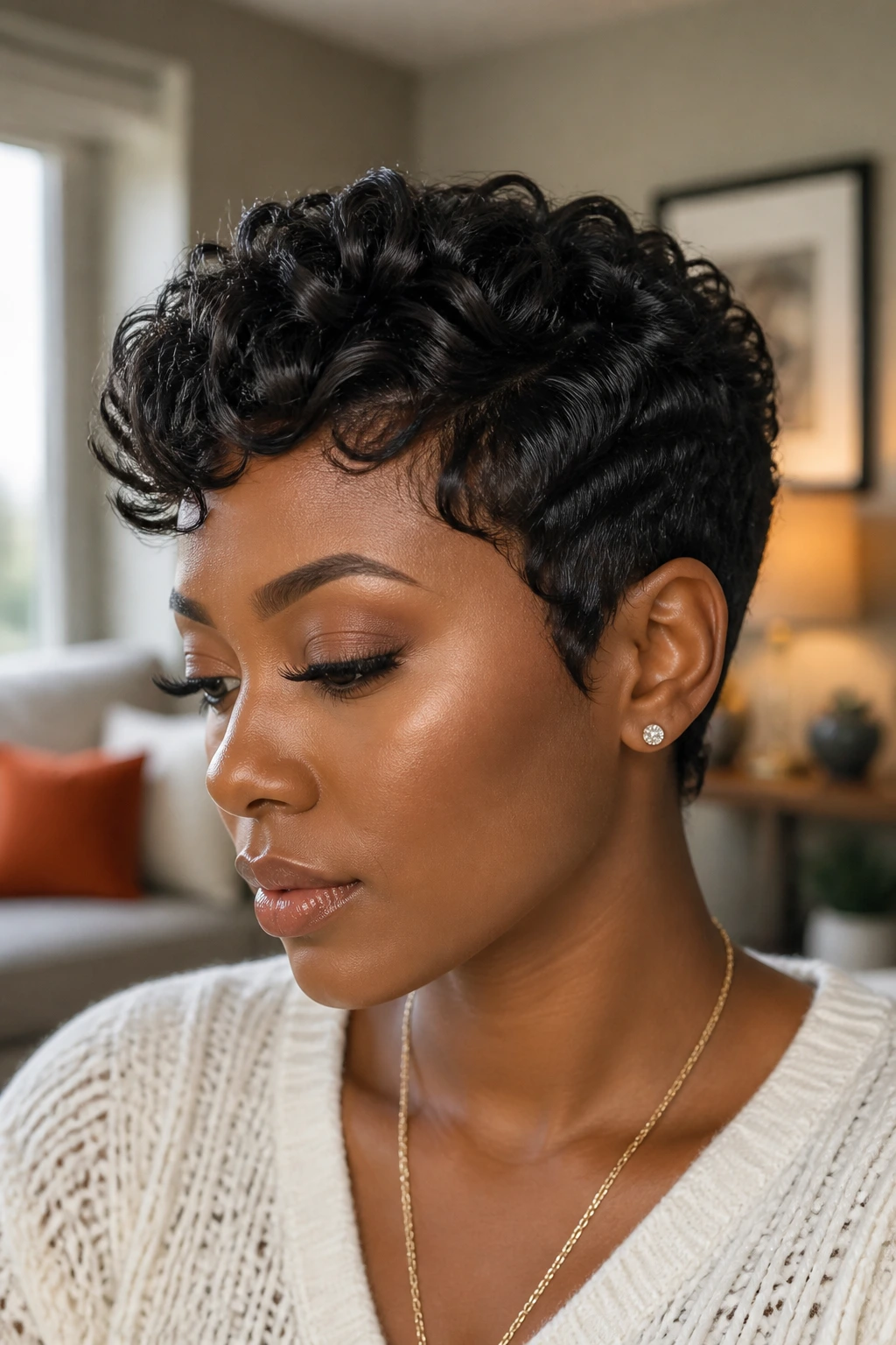 Close-up of a Black woman with S-curled pixie waves in soft indoor light