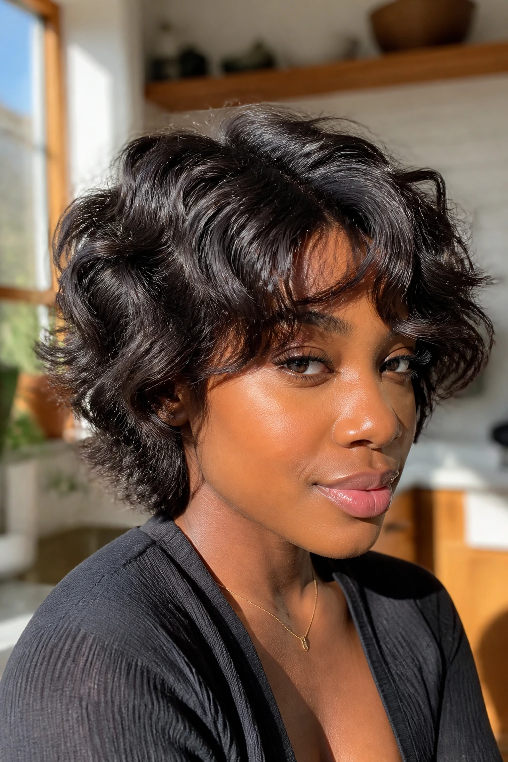 Close-up of real Black woman with heat styled S curl shag in sunlit kitchen nook