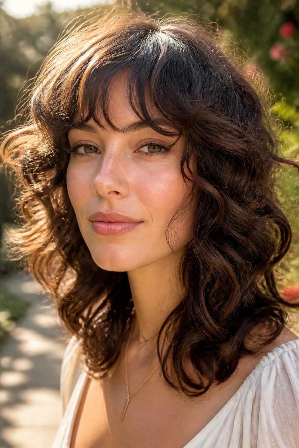 Close-up of a real woman with romantic S-Curl shag in outdoor light