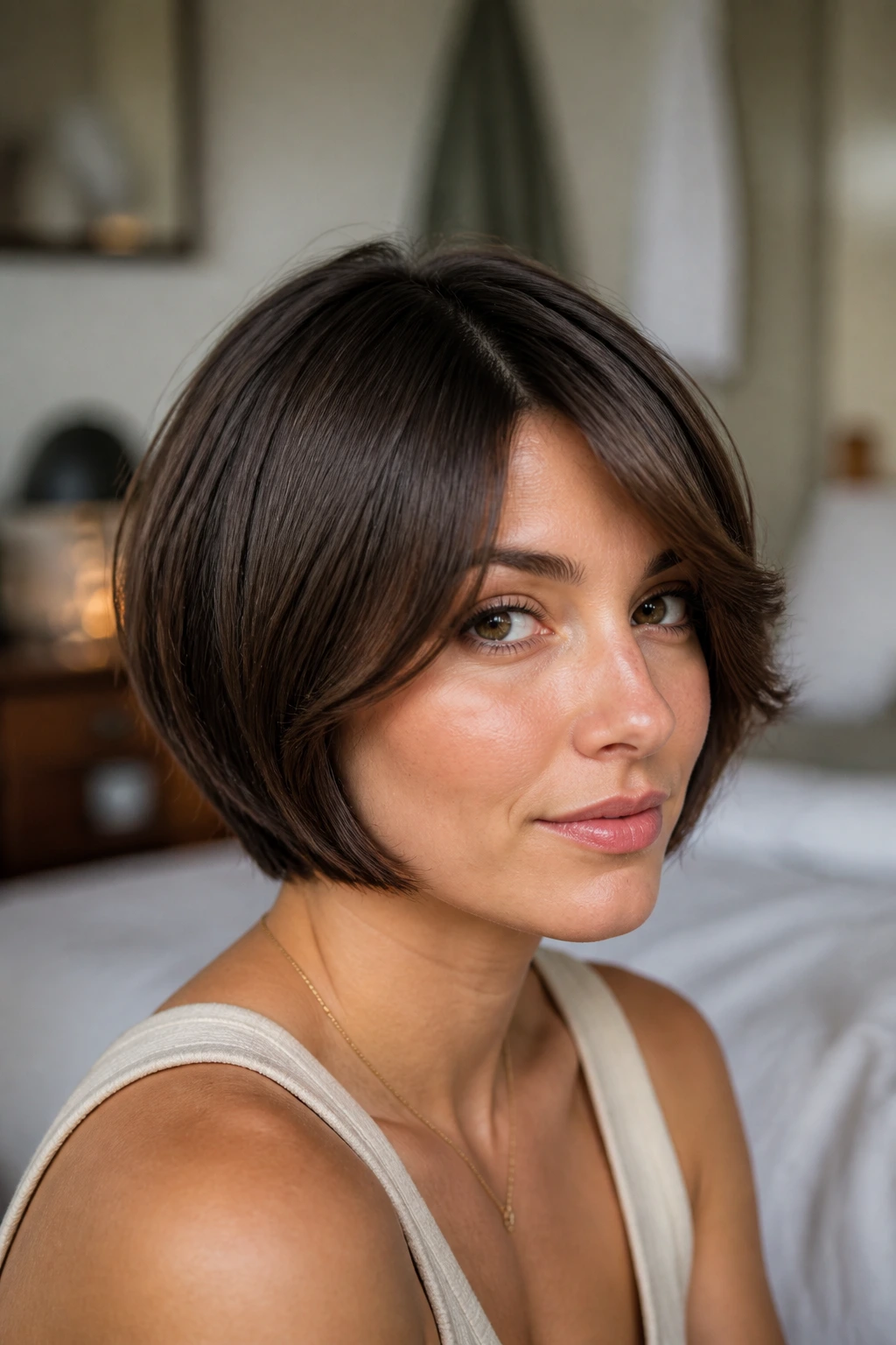 Close-up of a real woman with S-curve bangs on a short bob in soft window light