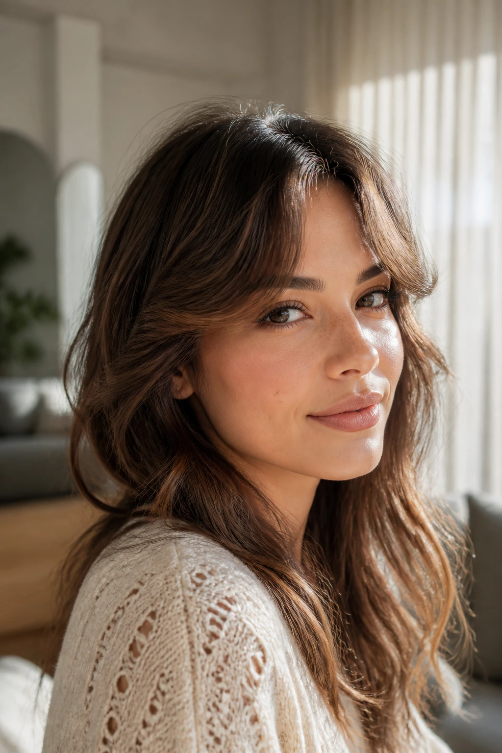 Woman with S-curve bangs and soft wave in front