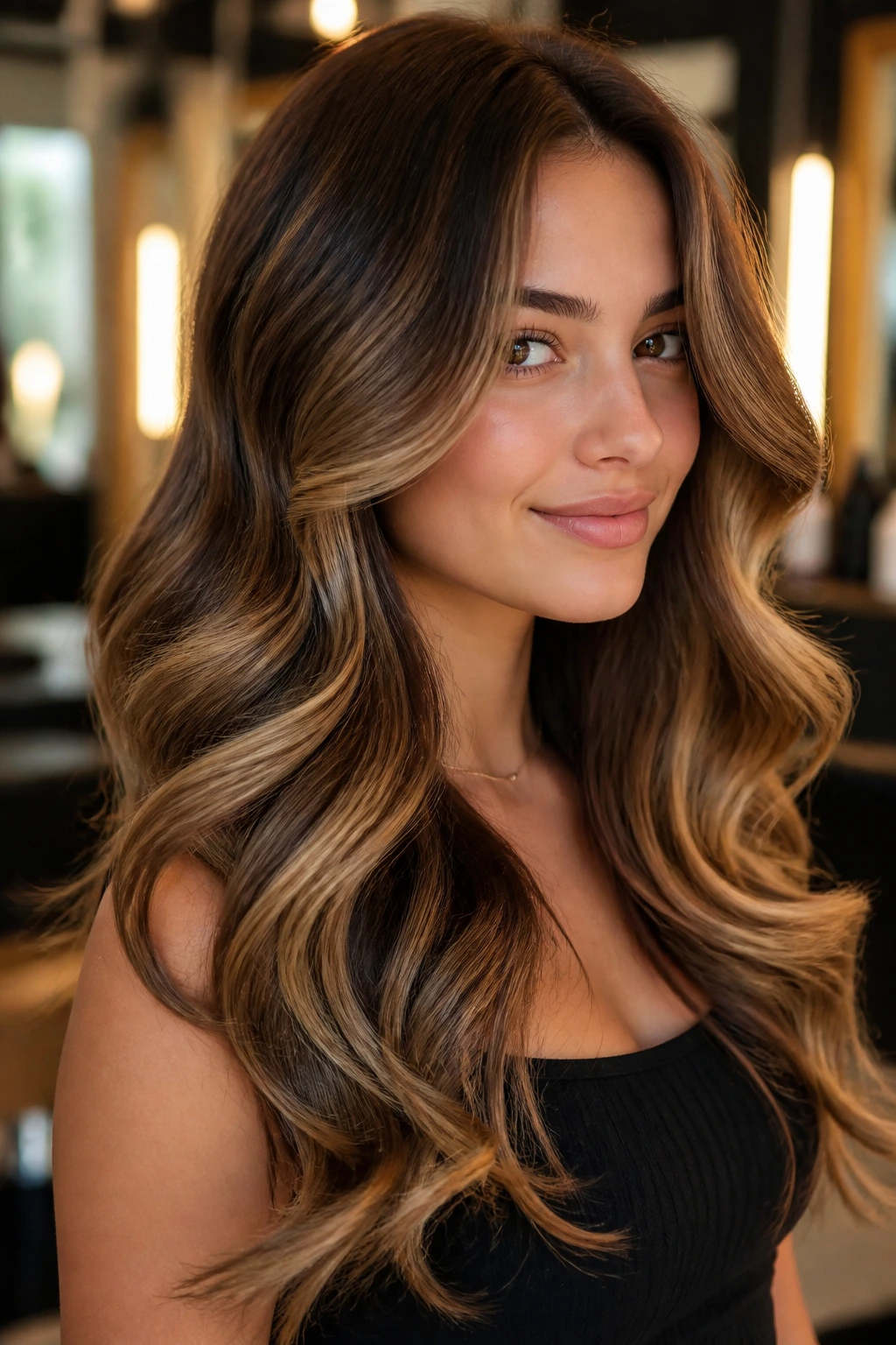 Close-up portrait of a real woman with S-Curve Blowout Waves