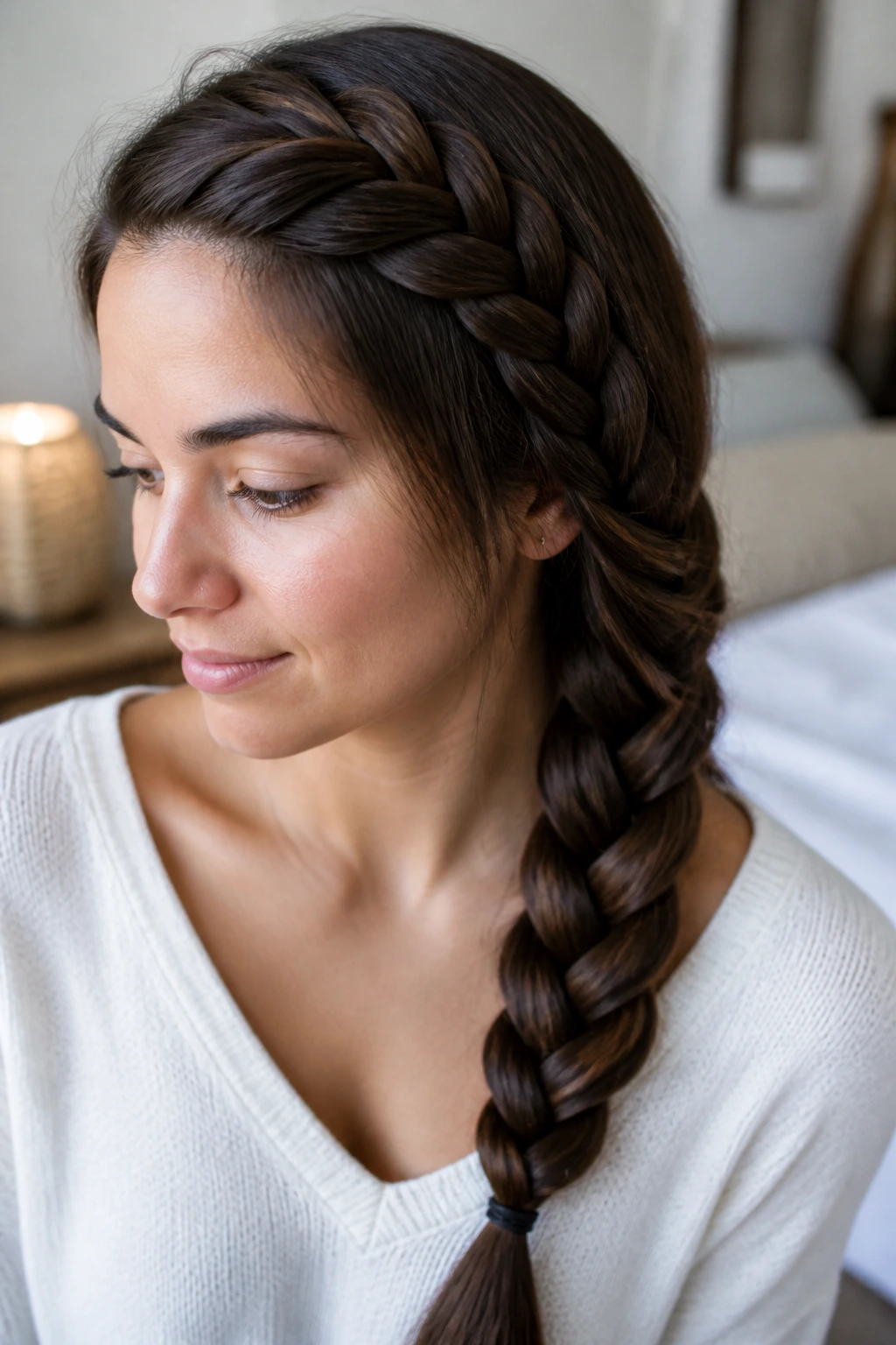 Close-up of a real woman with an S-curve side braid under warm window light