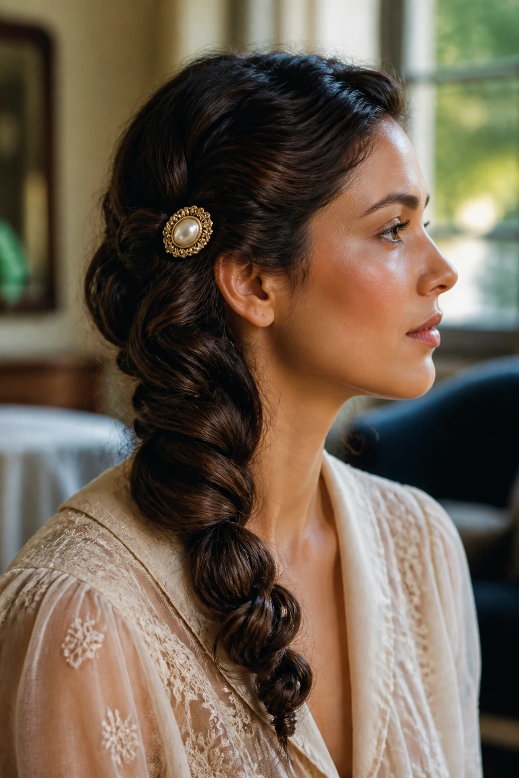 Real woman with an S-curve side braid secured by a vintage clip