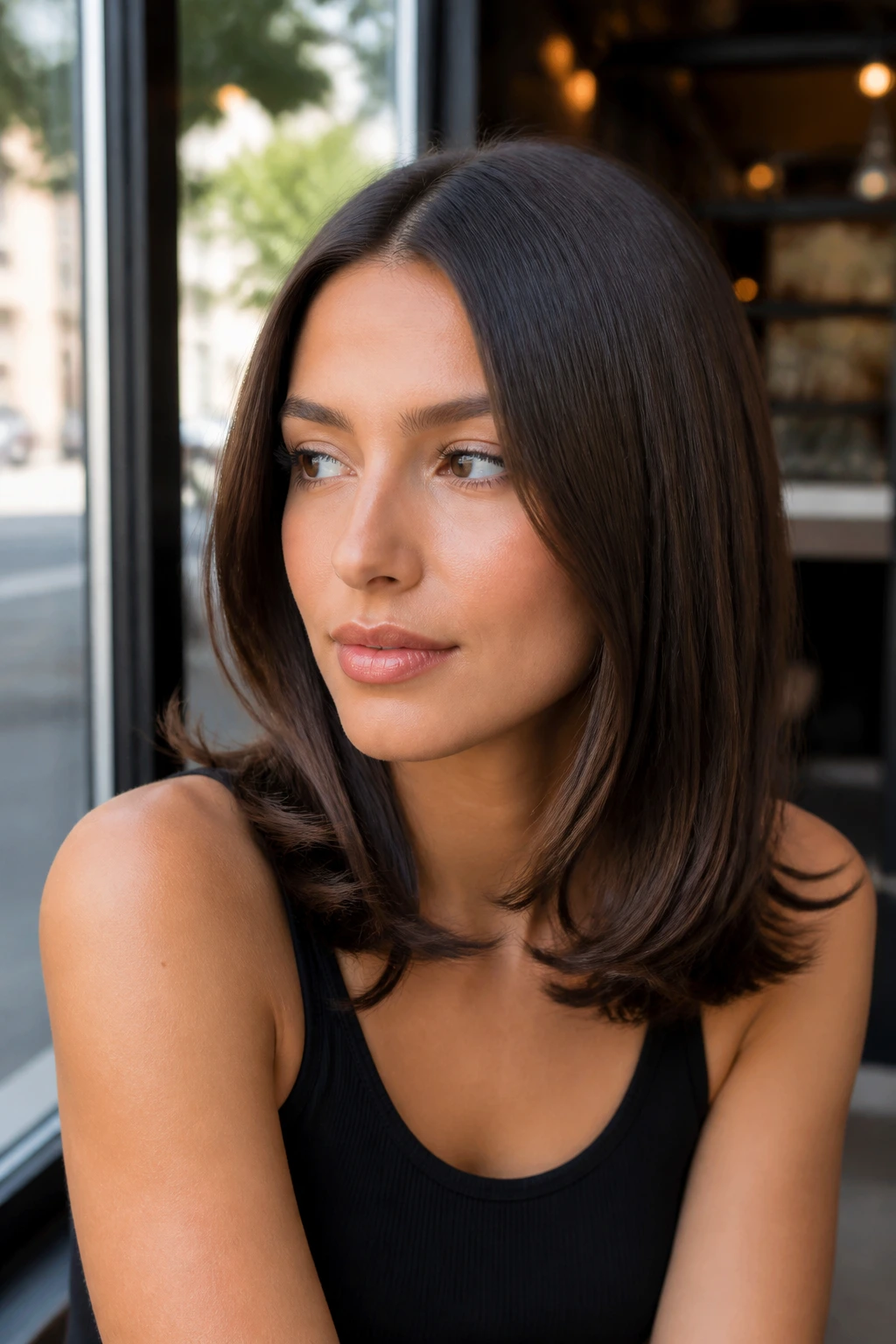 Close-up of real woman with S-Curve Ends and a middle part, ends bend softly.