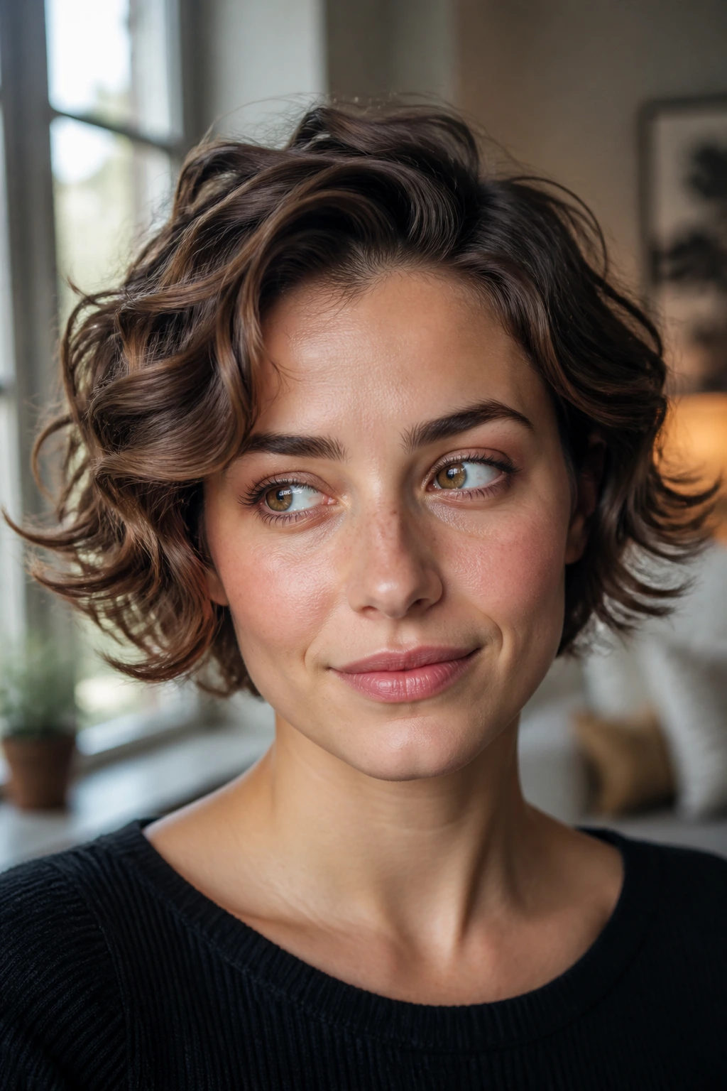 Portrait of a woman with short wavy hair showing ends flipped in different directions
