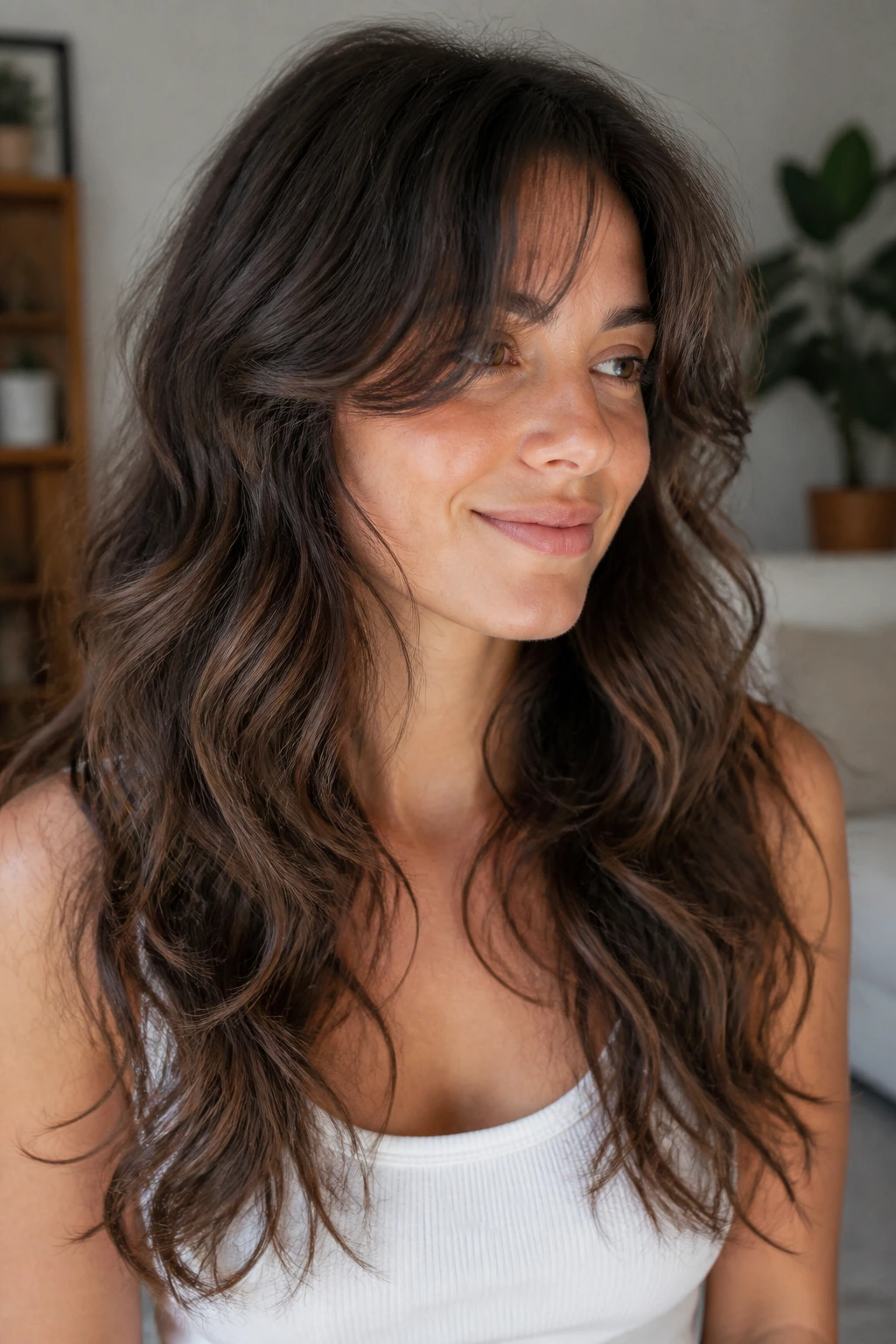 Close-up portrait of a real woman with S-Curve Layer Wolf Shag in a softly lit living room