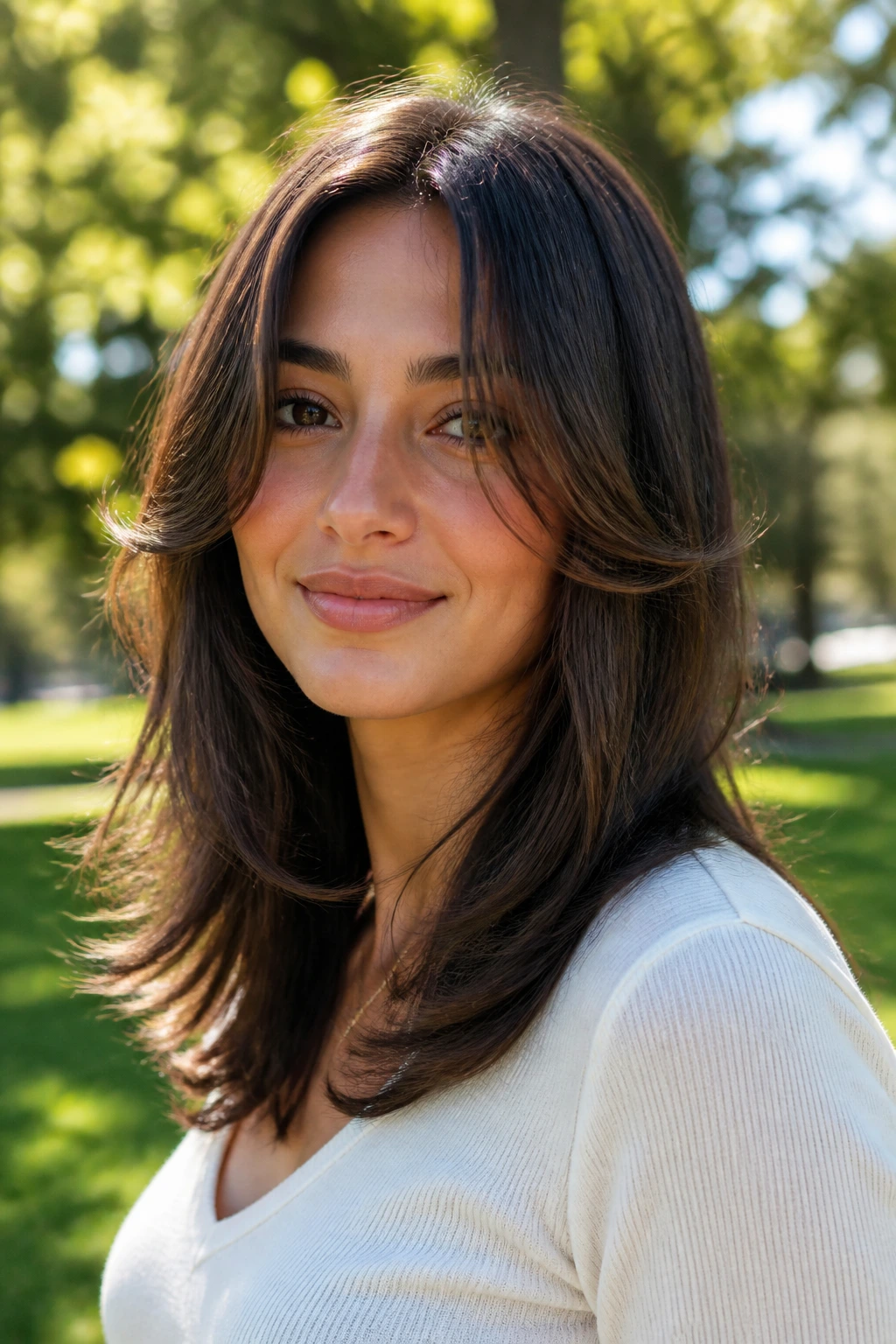 Portrait of a real person with S-curve layers and curtain bangs in an outdoor setting