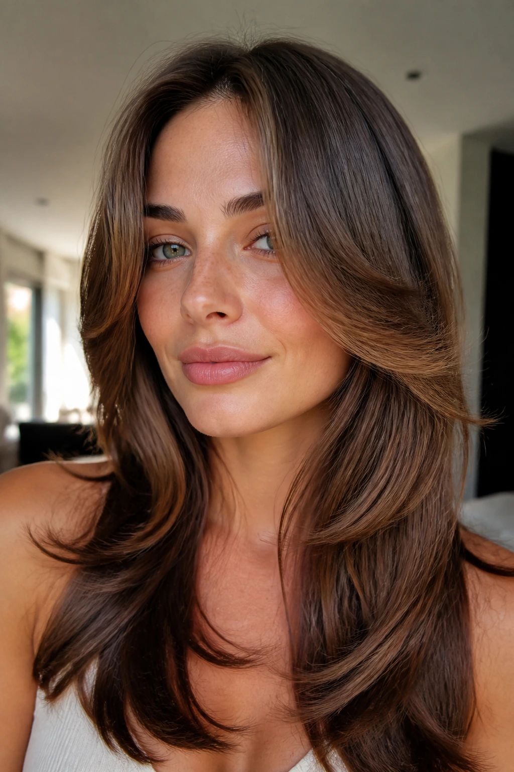 Portrait showing S-curve layers framing a long-face silhouette