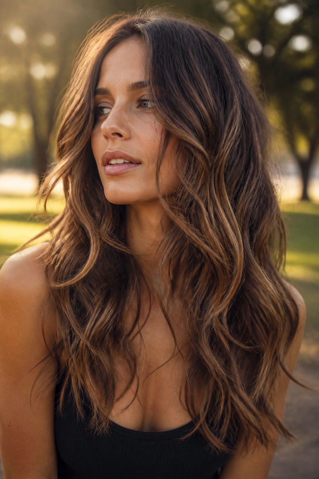 Close-up of a real woman with S-Curve Layers for Wavy Hair showing natural waves and layered ribbons