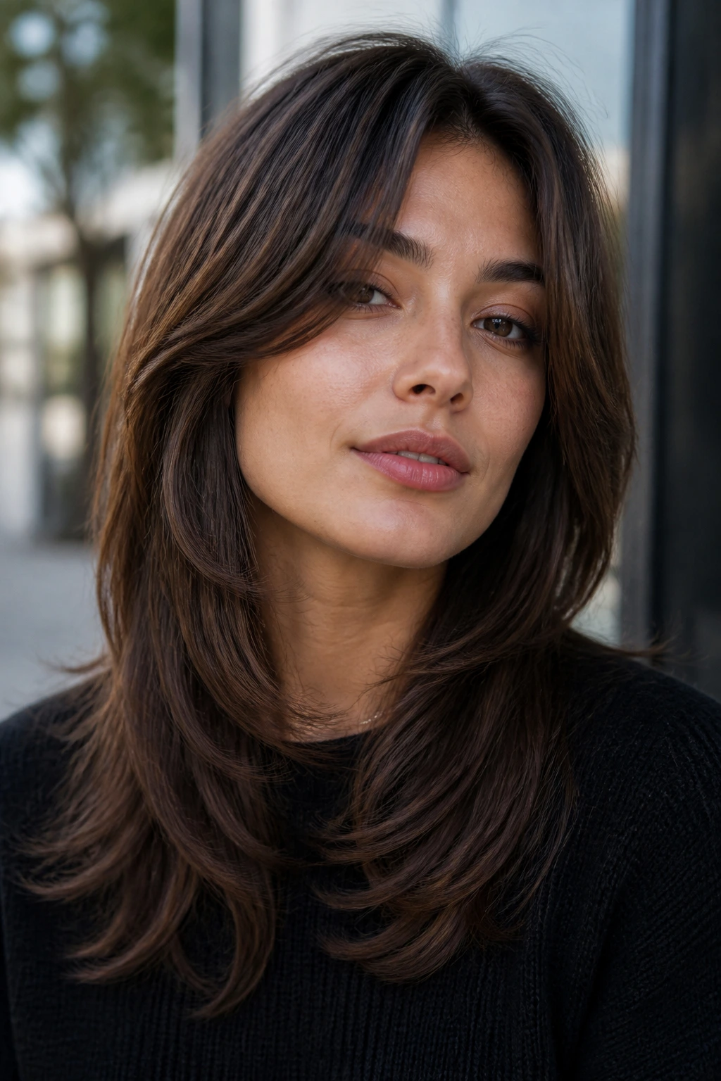 Portrait of a person with an S-Curve shag for straight hair outdoors