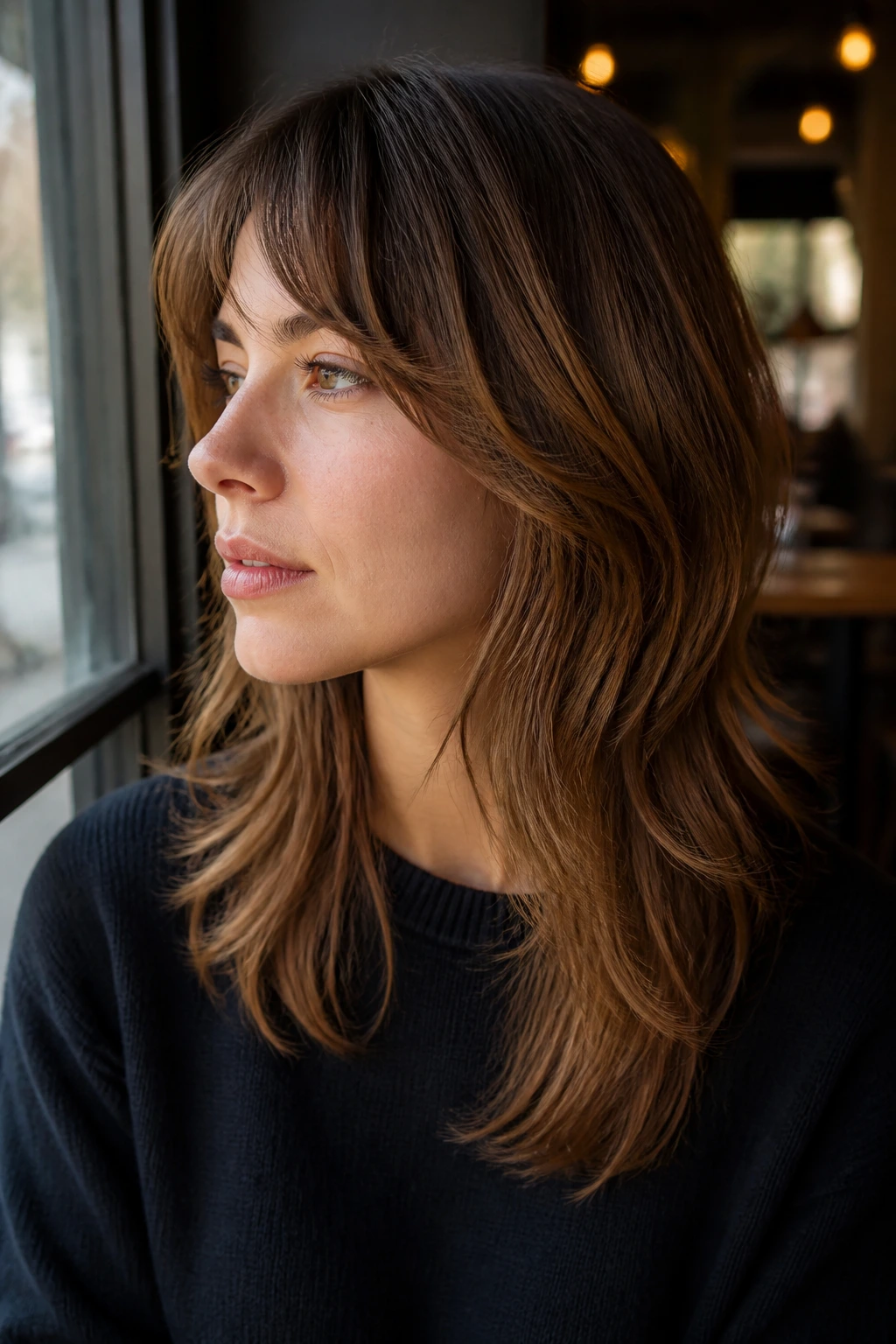 Close-up of a real woman with subtle S-curve shag in daylight