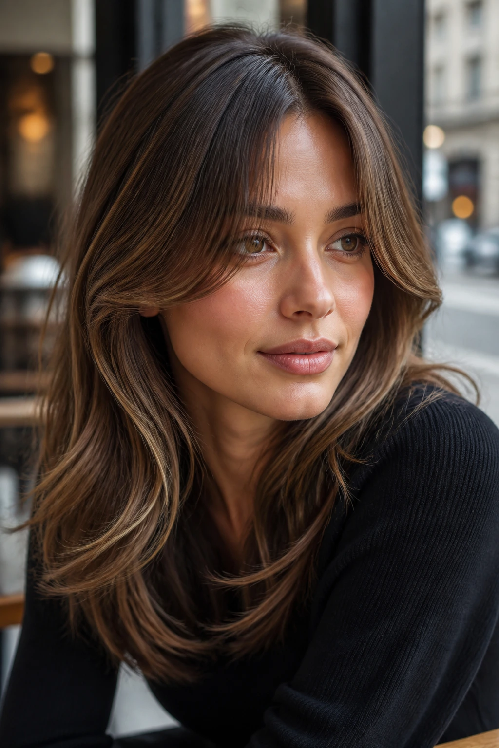 Close-up portrait with an S-shaped curtain fringe in natural light
