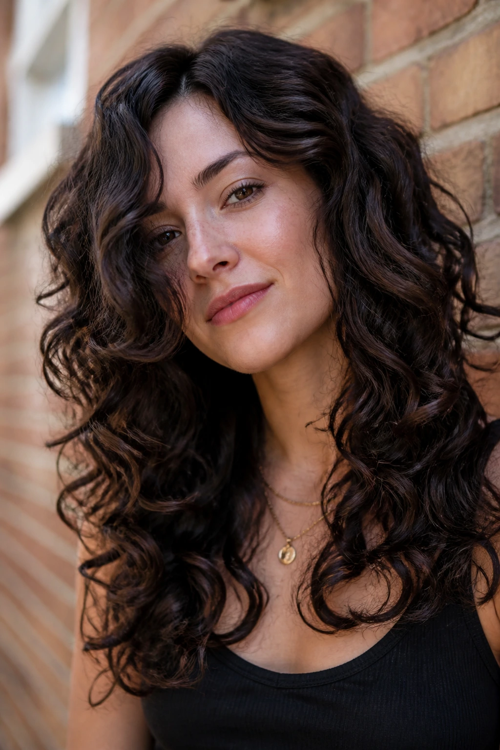 Close-up of real woman with an S-shaped layered cut outdoors