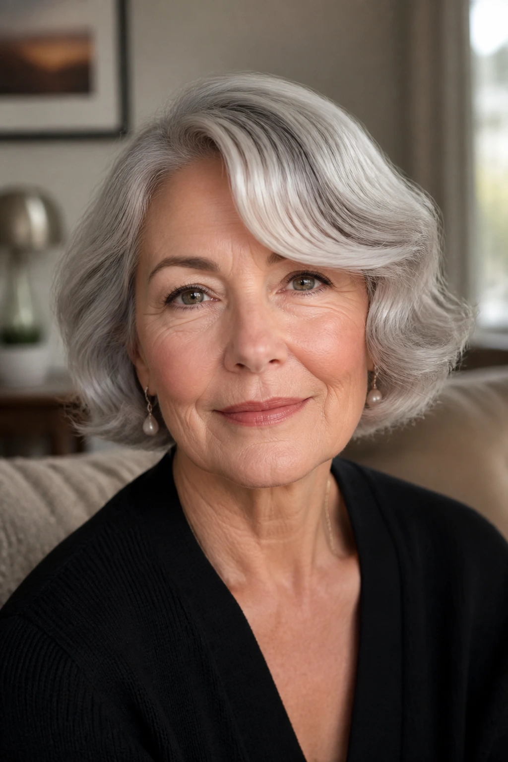 Close-up portrait of an older woman with a soft S-wave bob and side-swept fringe
