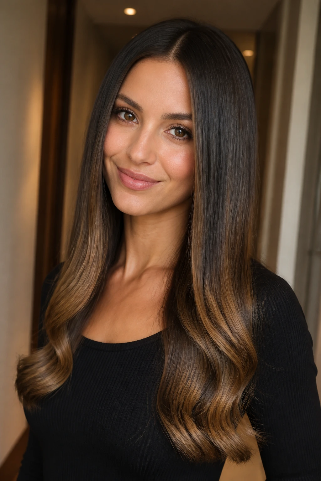 Close-up of a real woman with subtle S-wave ends on straight crown hair