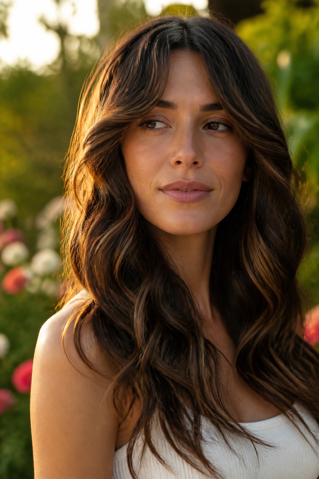 Close-up portrait of a real person with long S-shaped layers in wavy hair at golden hour