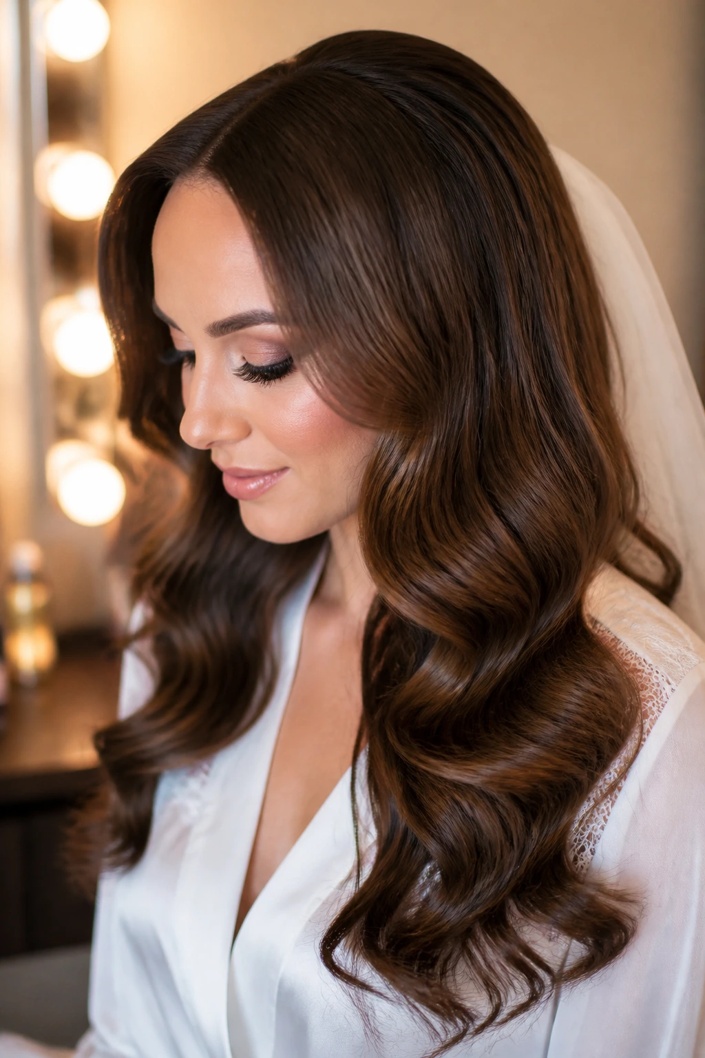 Close-up of a real bride with soft S-waves on sew-in foundation