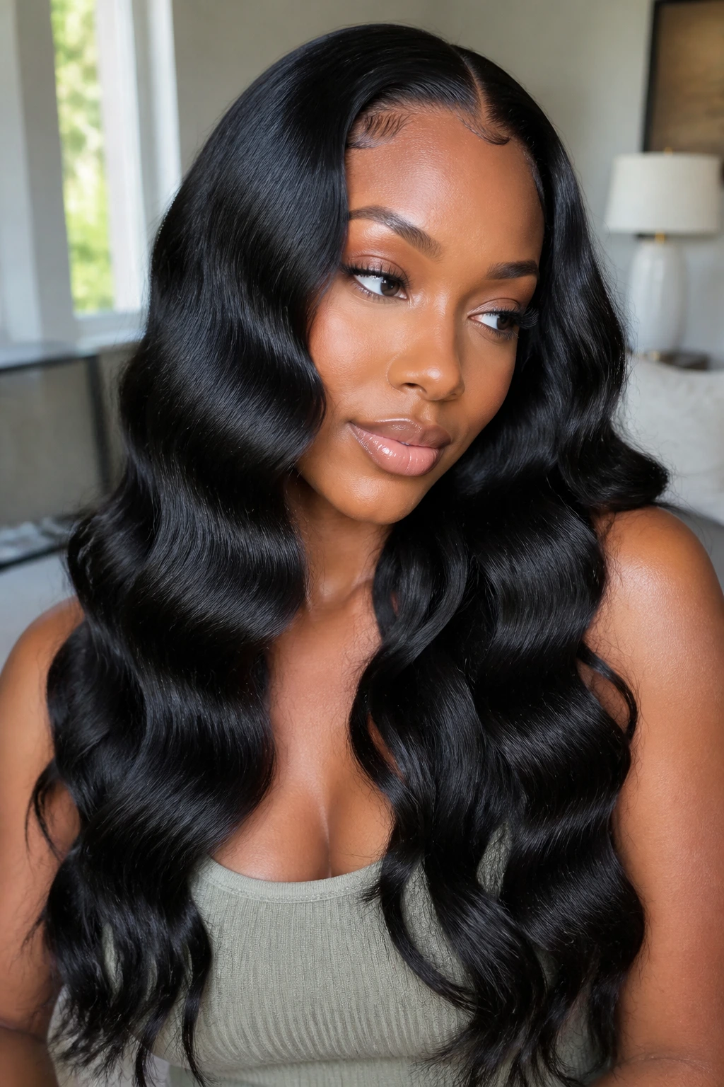 Close-up of a Black woman with sleek S-shaped waves created by a flat iron