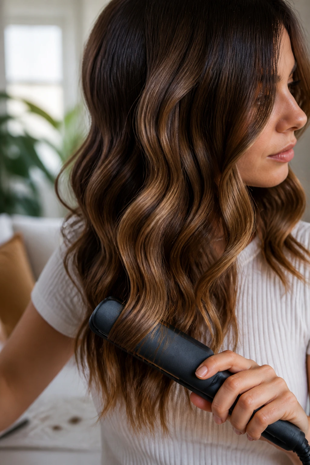 Close-up portrait of a real woman with S-shaped waves