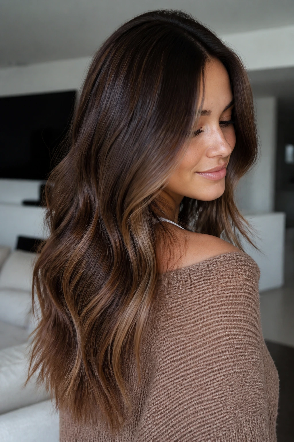 Close-up portrait of a real woman with Sable Brown with Hidden Panels hair showing subtle lighter panels peeking through.