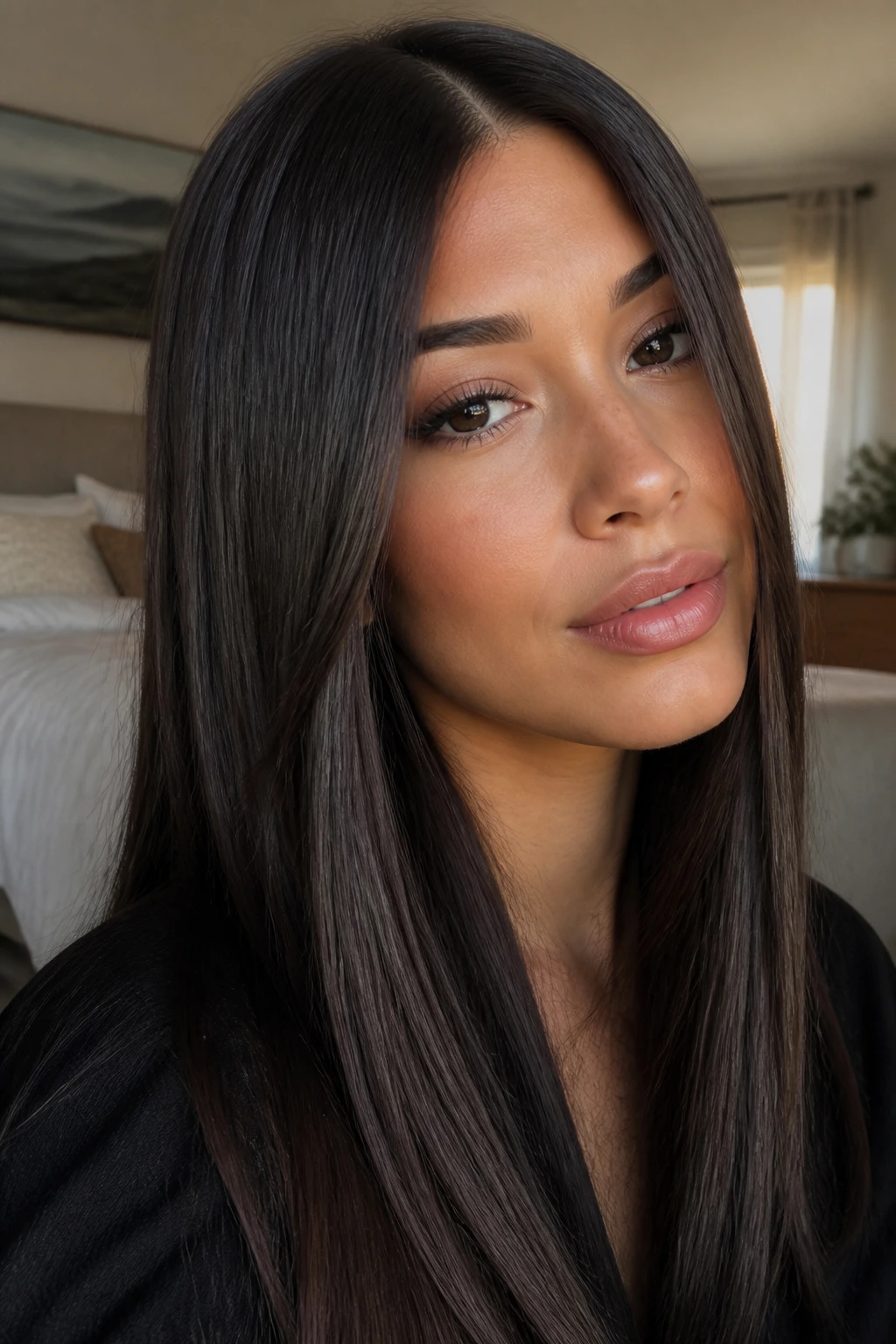 Close-up portrait of a real woman with sable brunette straight hair, glossy and cool-toned