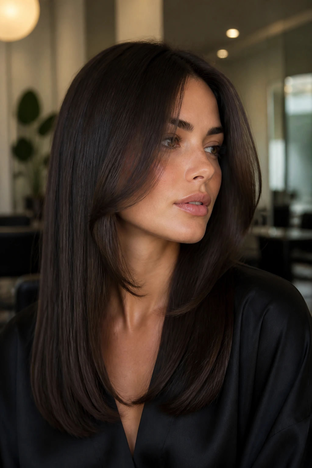 Close-up of sable brunette with curved face frame on a real person.