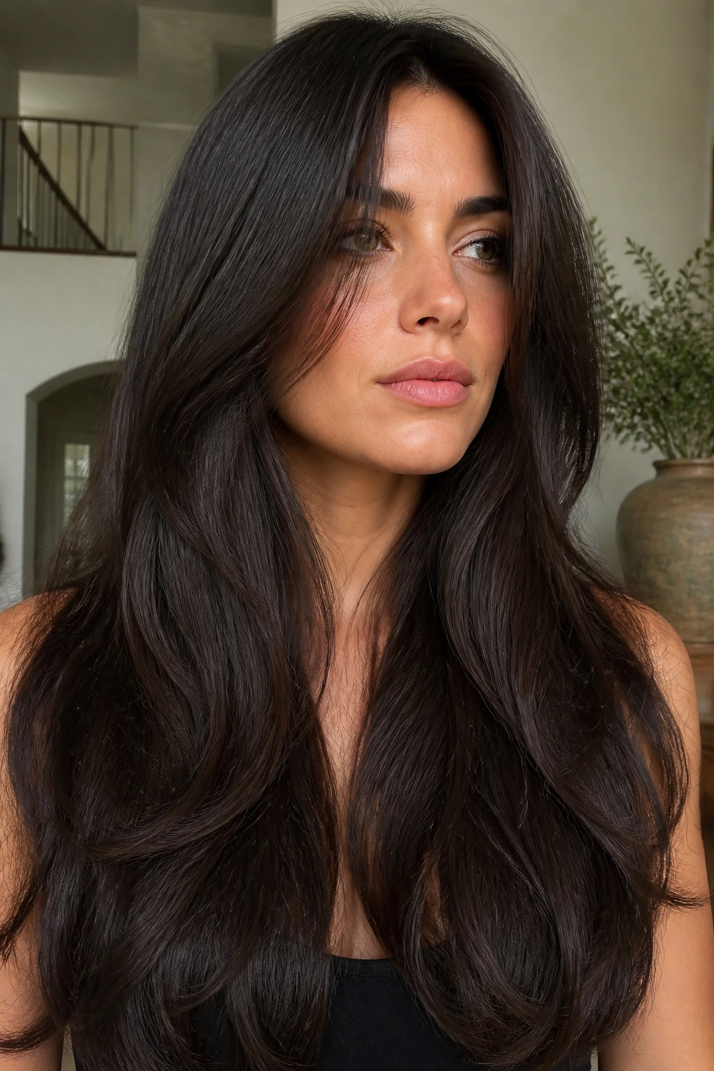 Close-up of a real woman with sable brunette hair and invisible layers creating a sleek silhouette