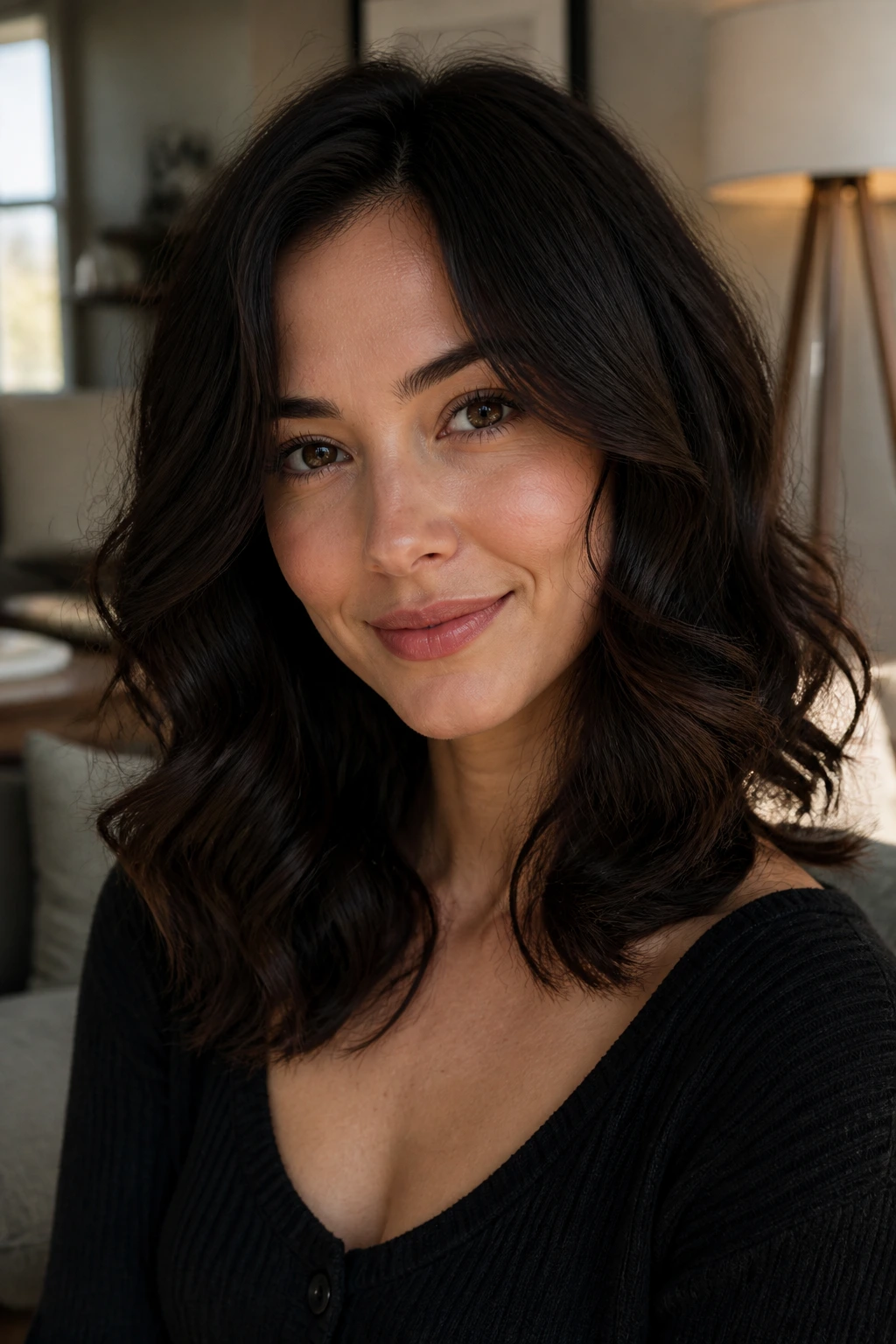 Close-up of real woman with sable brunette hair in soft curls.