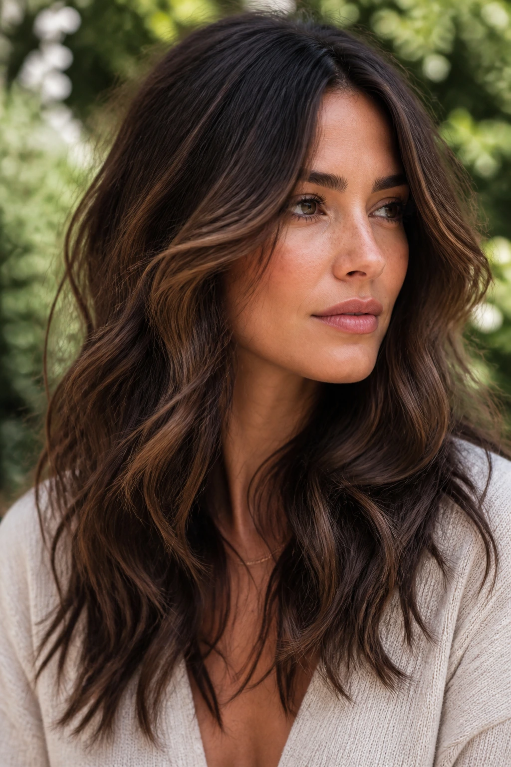 Portrait of a real woman with sable brown layered waves and long layers