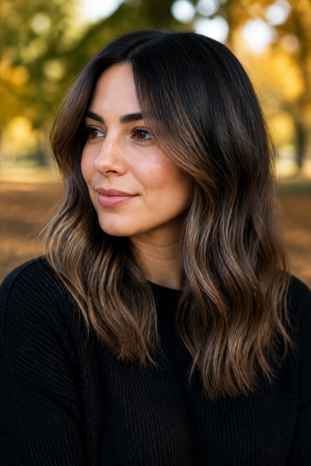 Real woman with sable to mushroom melt ombre on medium-length hair in a park