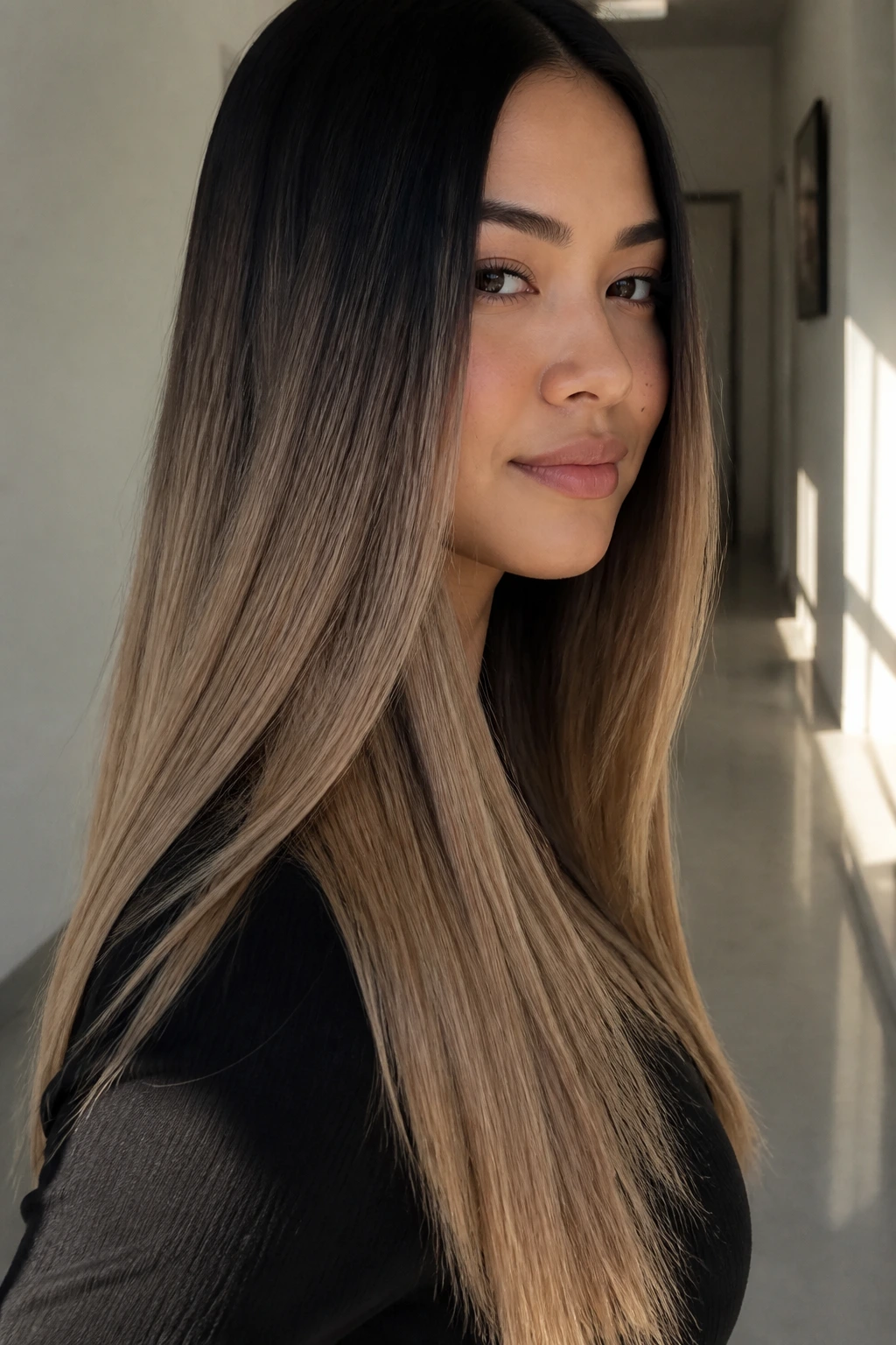 Portrait of a real woman with sable-to-sand fade on straight hair