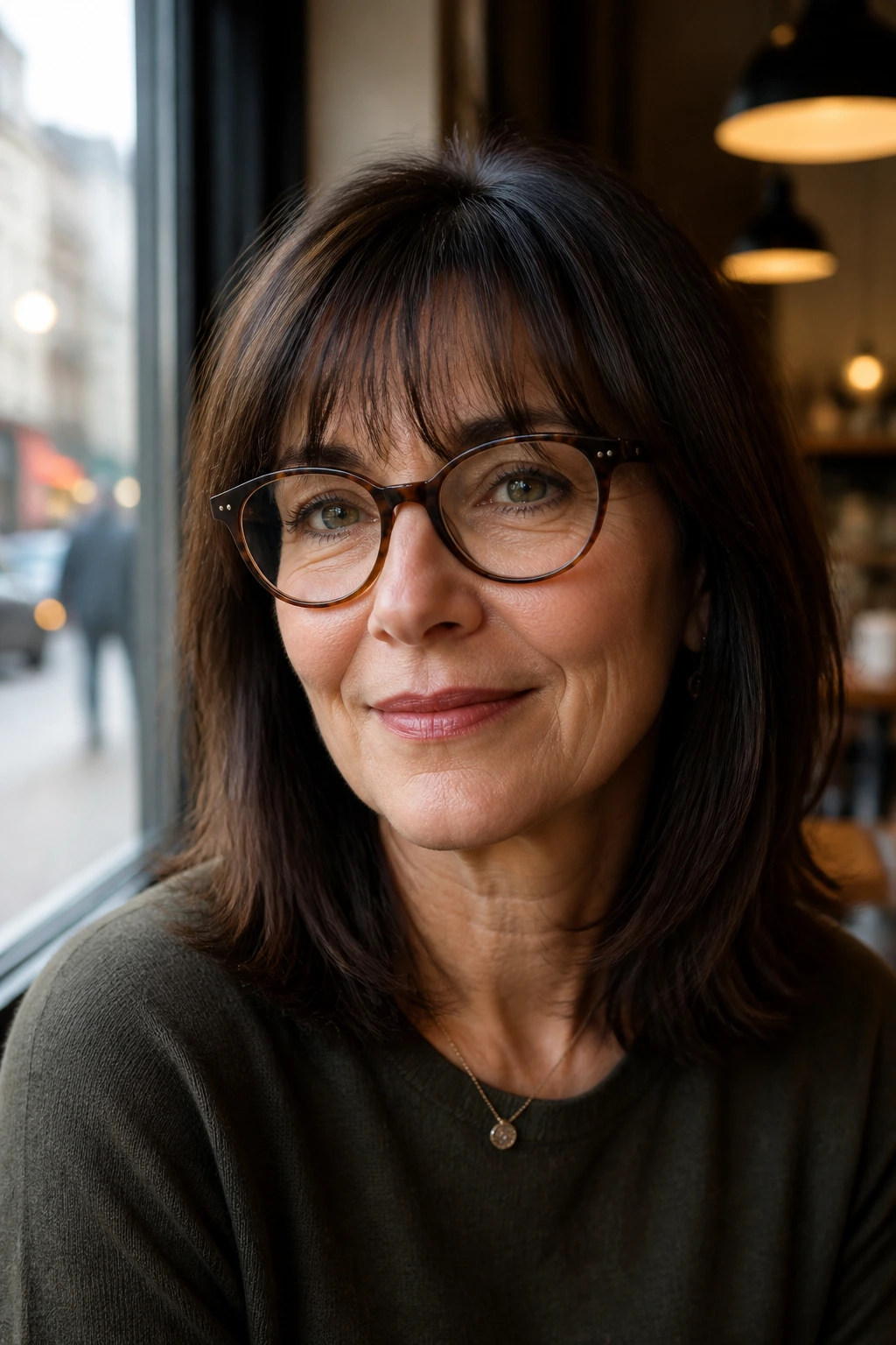 Close-up of a woman with sable shoulder-length cut and wispy bangs.