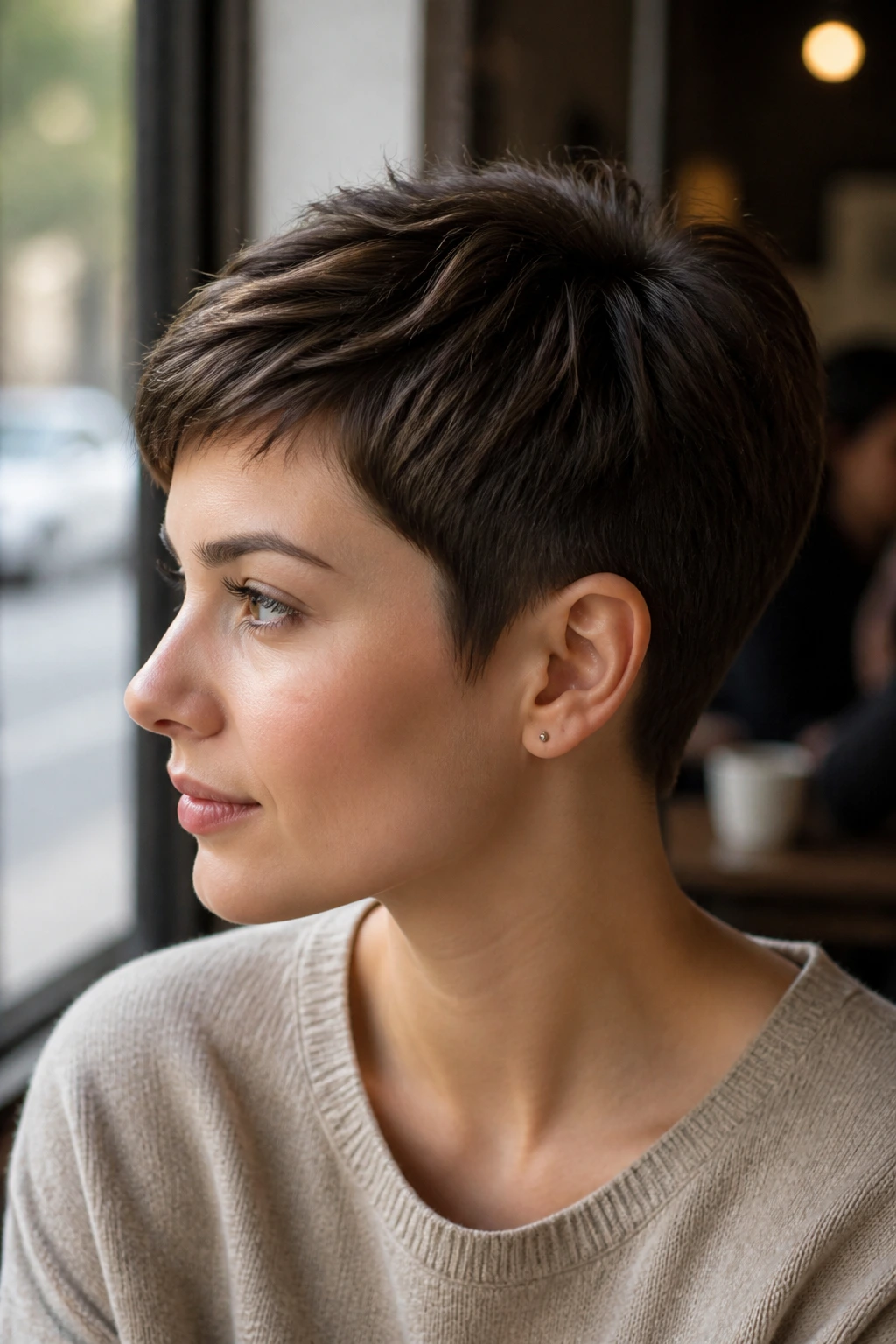 Close-up portrait of a real person with sable tapered crop in a window-lit cafe