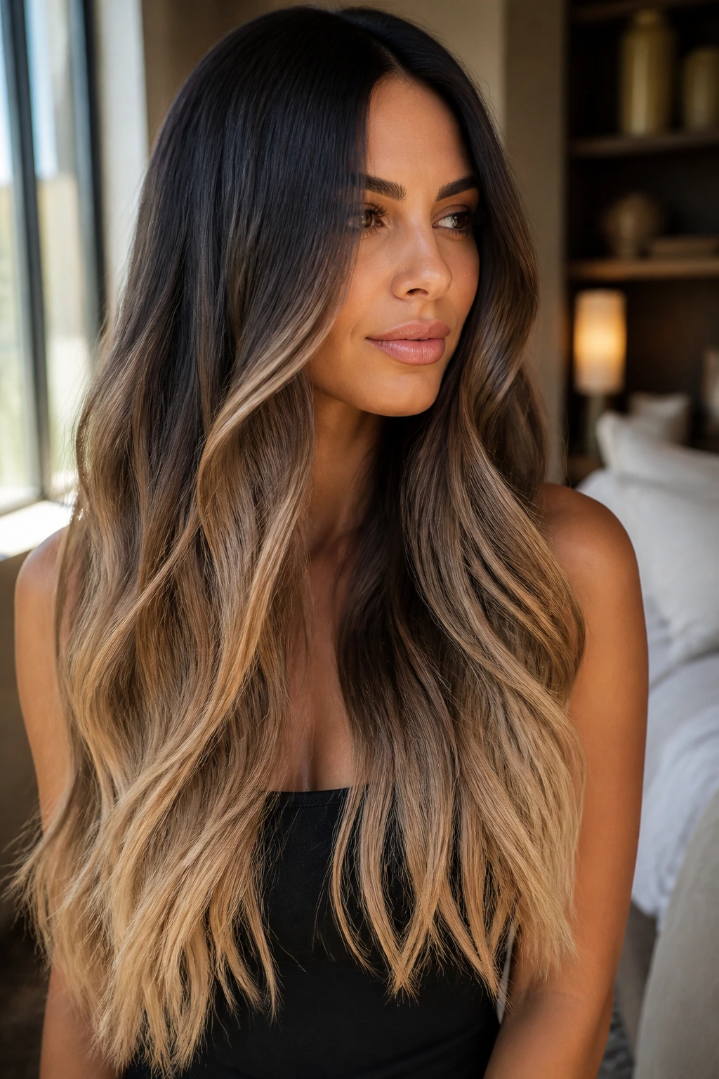 Portrait of a woman with sable-to-sand balayage on long hair.