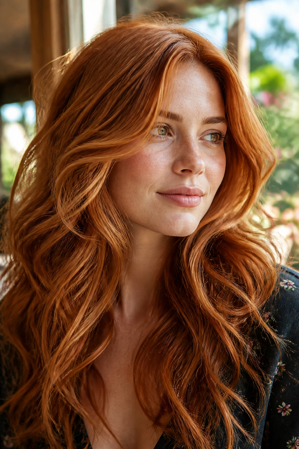 Real woman with layered long waves in saffron auburn tones