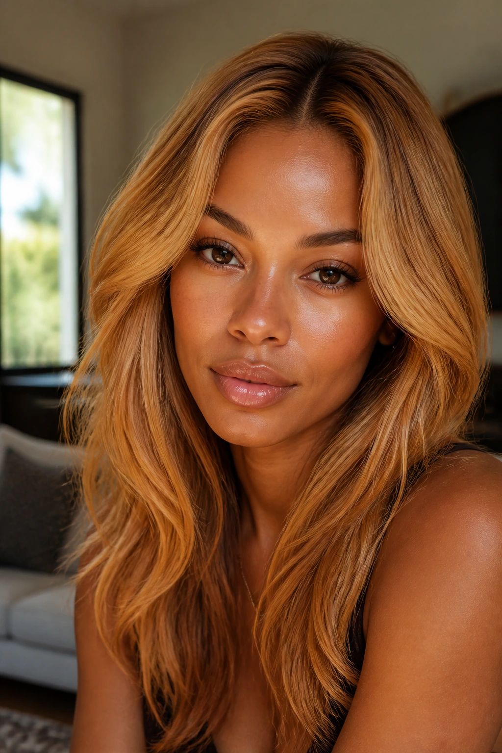 Close-up portrait of saffron blonde hair on a real woman in warm indoor light